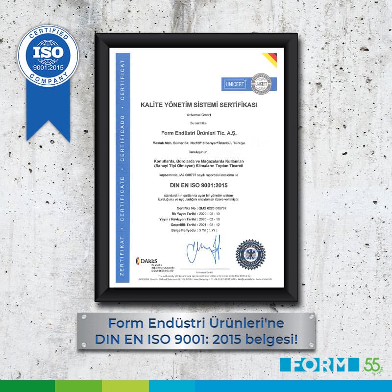 ISO 9001 şartlarını yerine getirerek DIN EN ISO 9001: 2015 Kalite Yönetim Sistemi Sertifikası’nın
